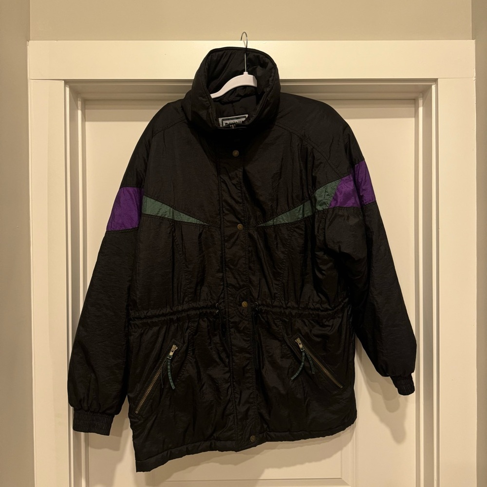 Retro Ski Jacket. Black with Purple and Green Accents.
